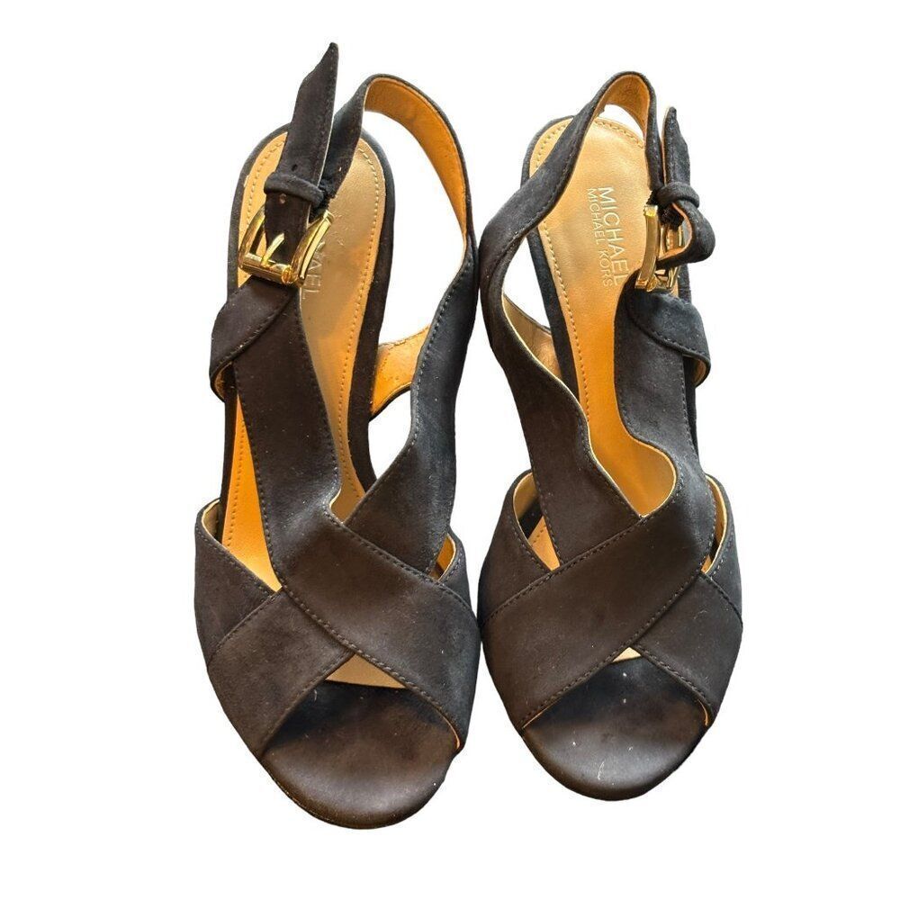 Michael Kors 6M Women's Black Suede Peep-Toe Slingback Heels With Gold Buckle
